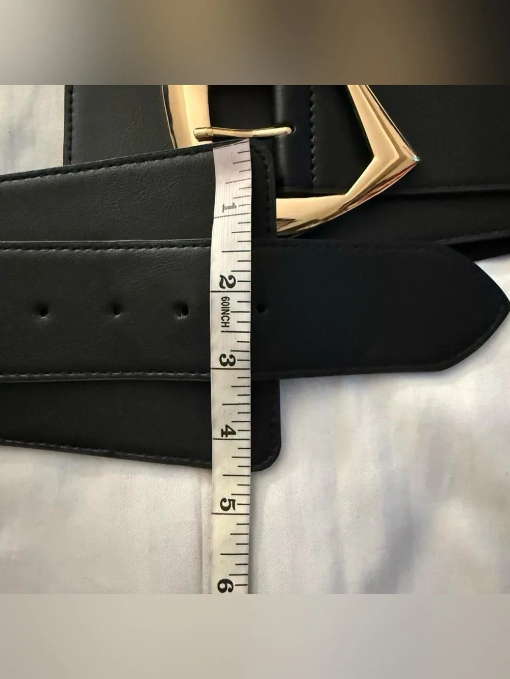 Black wide PU leather elastic waistband belt with gold tone buckle
